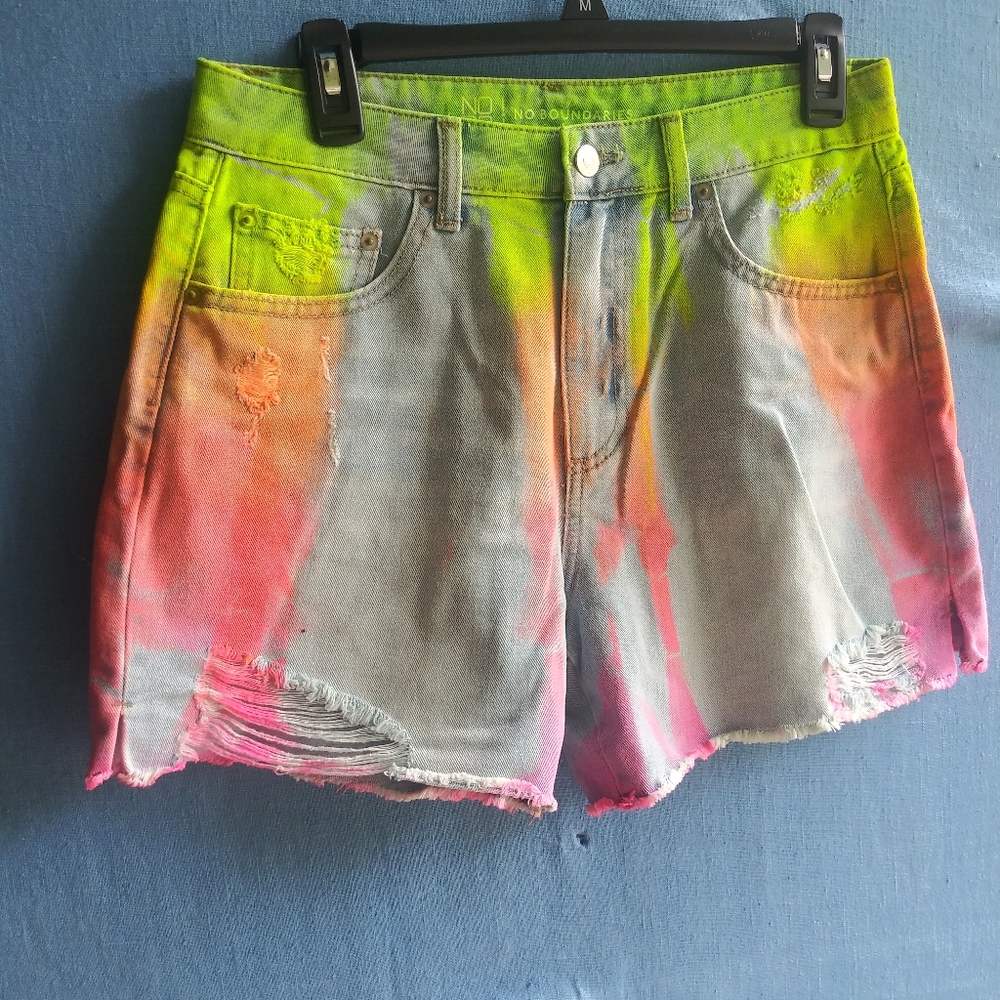 No Boundaries Juniors Size 9 Neon Tie Dye Denim Distressed Shorts B1